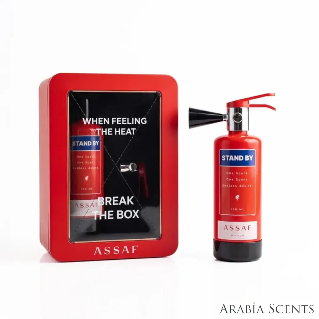 'Stand By' perfume bottle on a white background with 'Assaf' branding featured by 'Arabiascents'