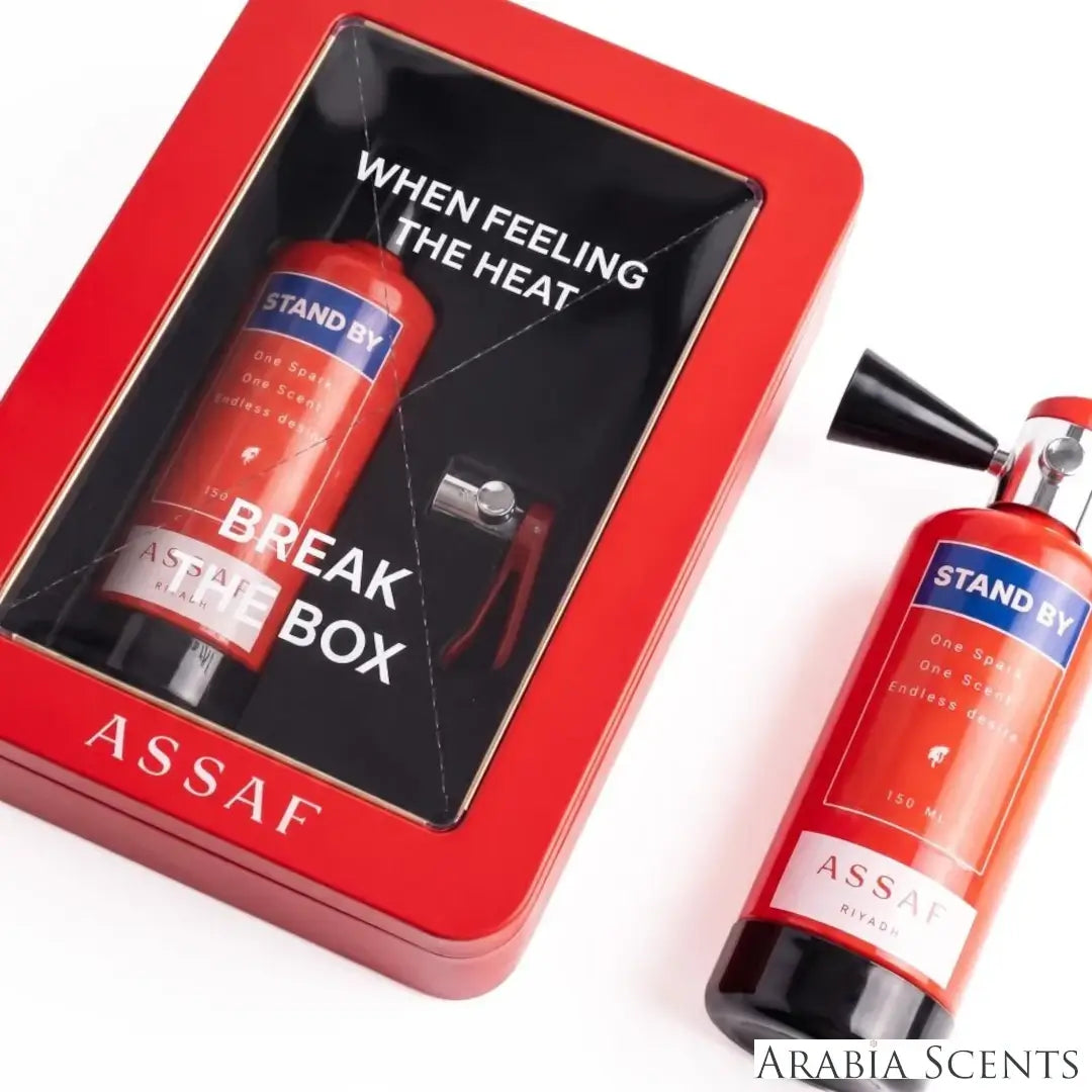 'Stand By' perfume bottle on a white background with 'Assaf' branding featured by 'Arabiascents'