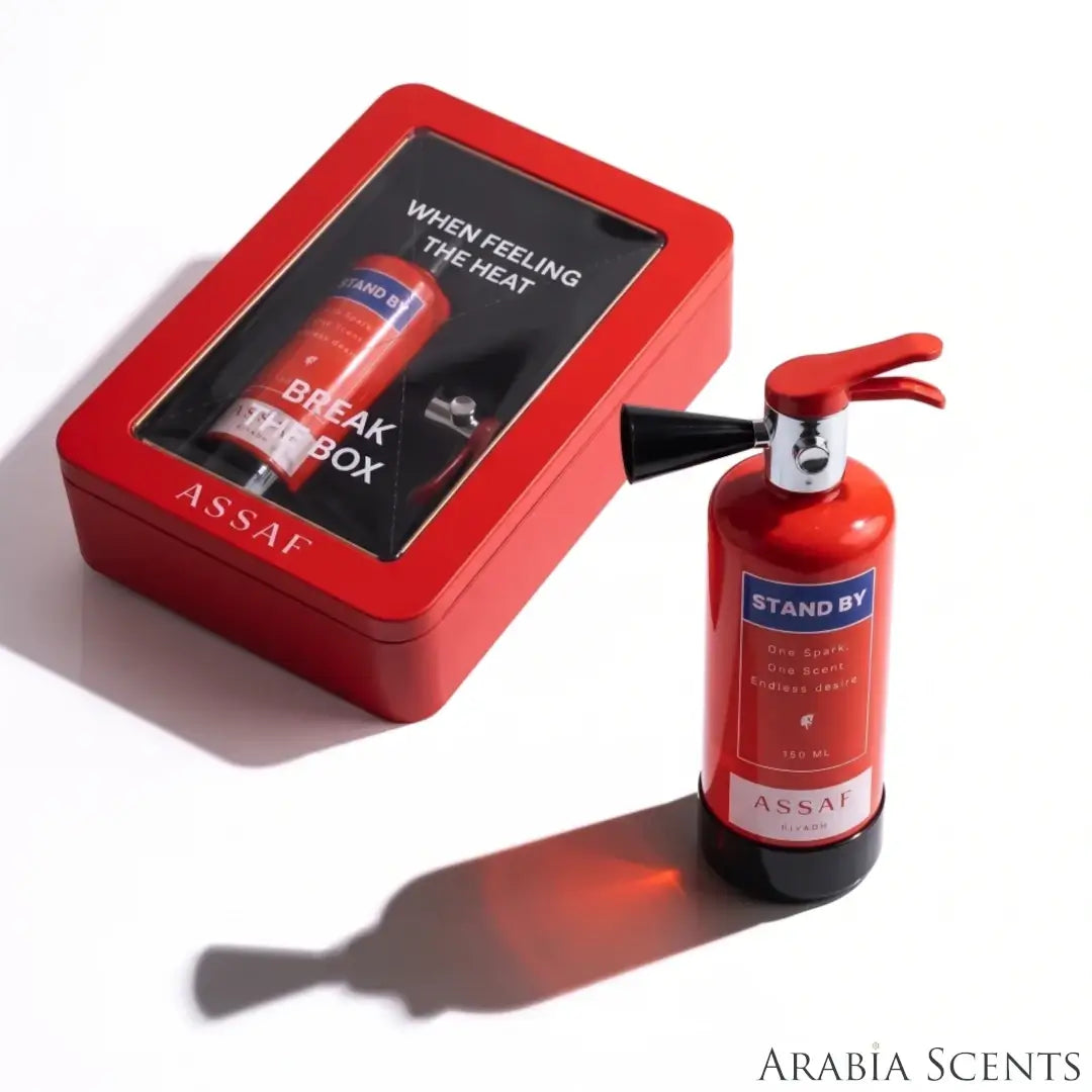'Stand By' perfume bottle on a white background with 'Assaf' branding featured by 'Arabiascents'