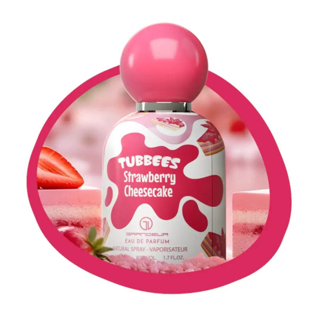 'Strawberry Cheesecake' perfume bottle with pink cap in a white background with 'Tubbees' branding