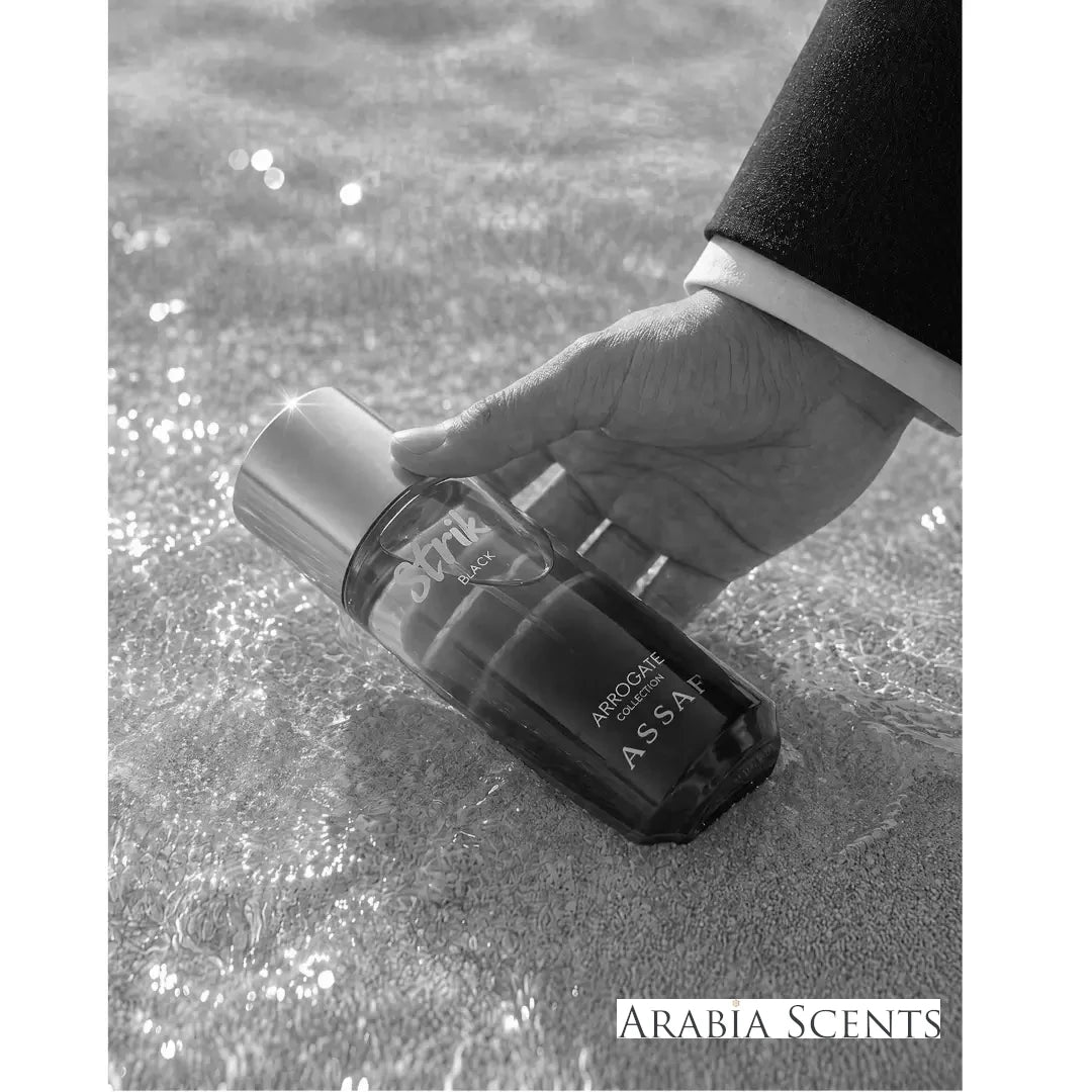 'Strike Black' perfume bottle with 'Assaf' branding featured by 'Arabiascents'