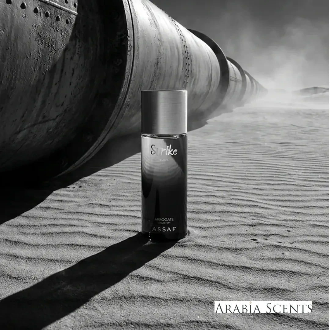 'Strike Black' perfume bottle with 'Assaf' branding featured by 'Arabiascents'