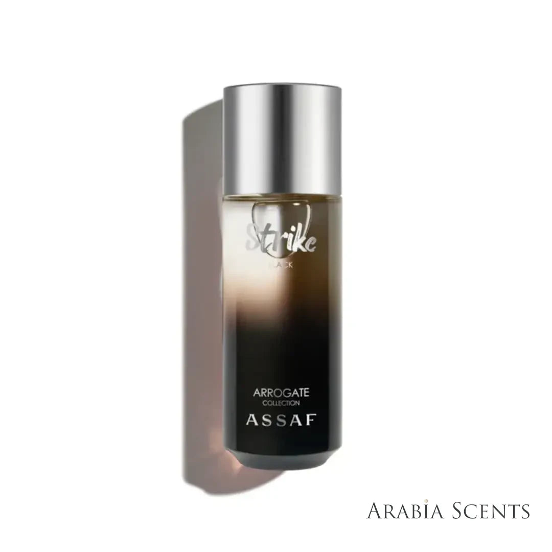 'Strike black' perfume bottle on a white background with 'Assaf' branding featured by 'Arabiascents'