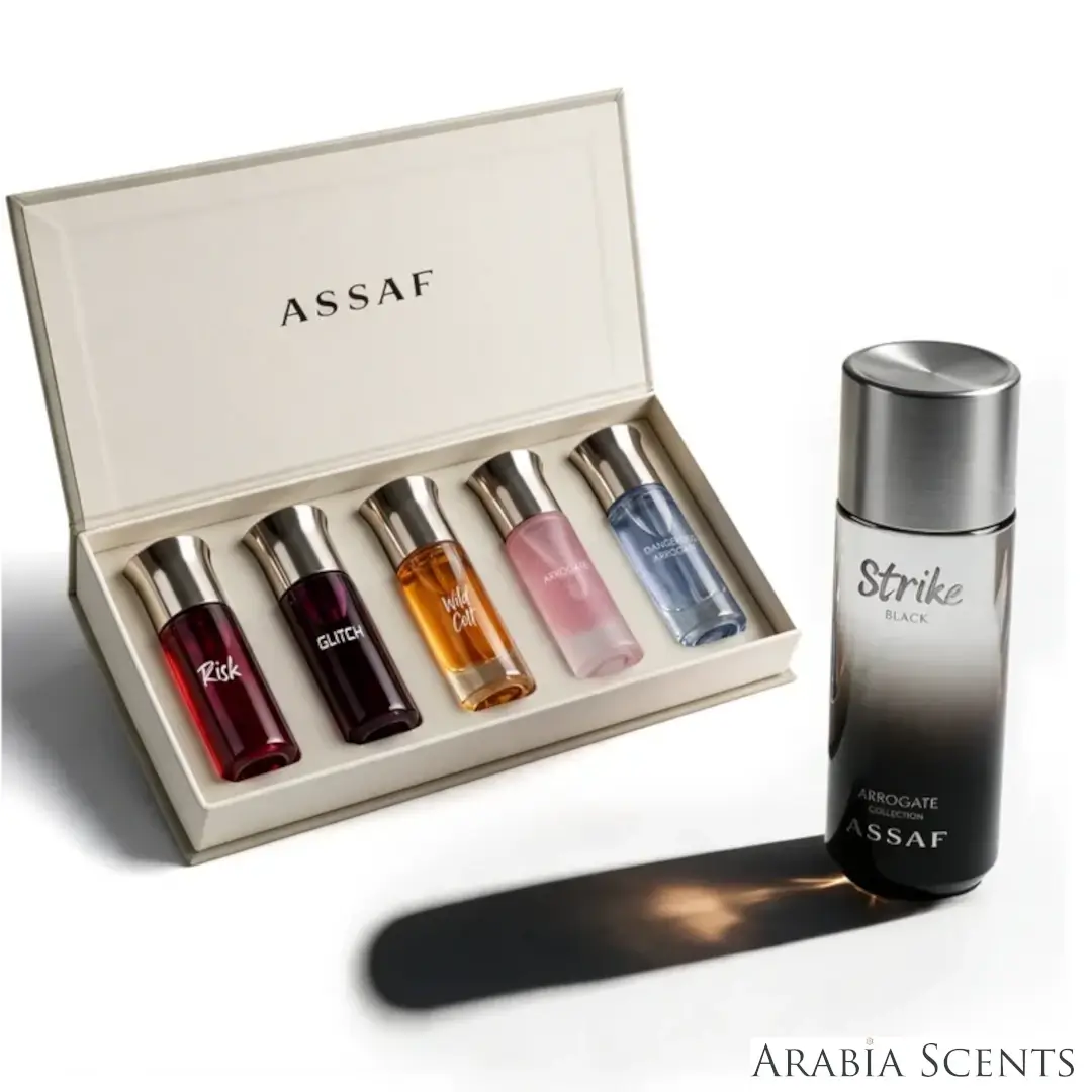 'Strike Black & The New Era Collection' set on a white background with 'Assaf' branding featured by 'Arabiascents'