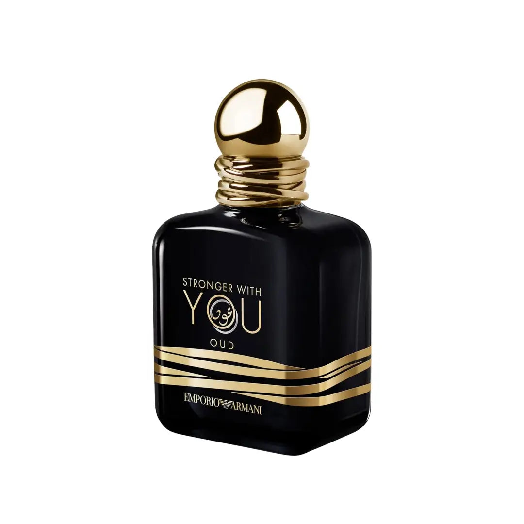 Black and gold perfume bottle 'Stronger With You Oud' on a white background by Emporio Armani