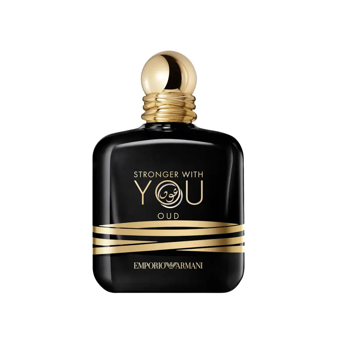 Perfume bottle labeled 'Stronger with You Oud' by Emporio Armani on a white background