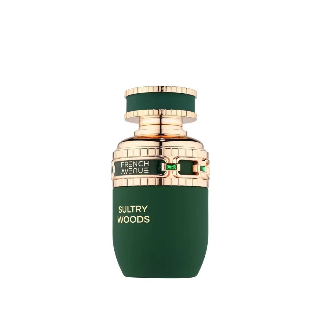 Green perfume bottle with gold accents labeled 'Sultry Woods' by 'French Avenue' on a white background