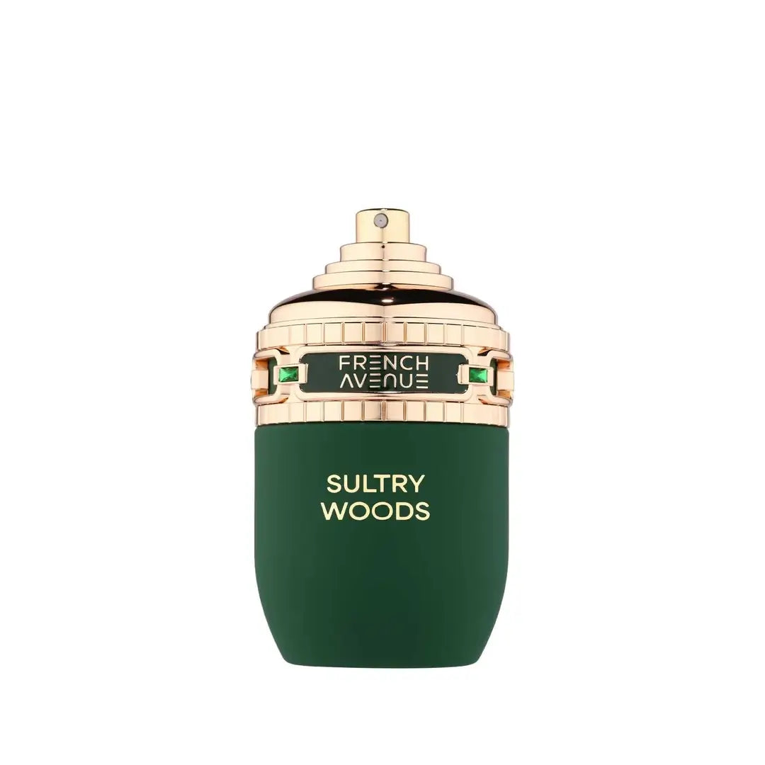 Green perfume bottle with gold accents labeled 'Sultry Woods' by 'French Avenue' on a white background