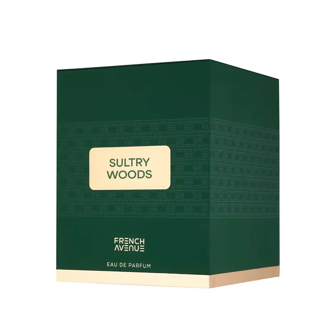 Green perfume packaging labeled 'Sultry Woods' by 'French Avenue' on a white background