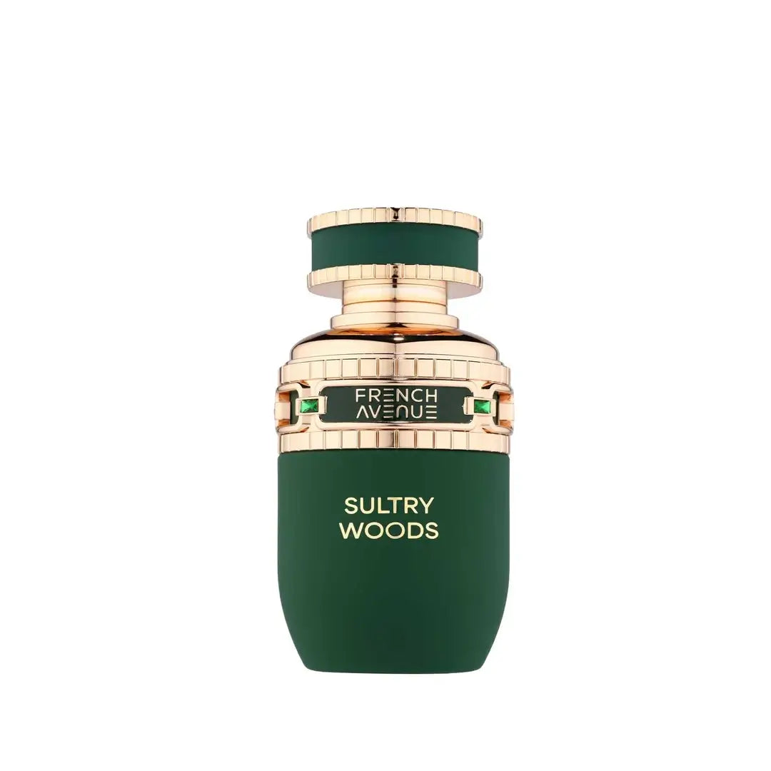 Green perfume bottle with gold accents labeled 'Sultry Woods' by 'French Avenue' on a white background