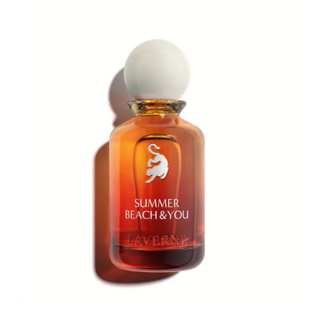 'Summer Beach & You' perfume bottle on a white background with 'Laverne' branding featured by 'Arabiascents'