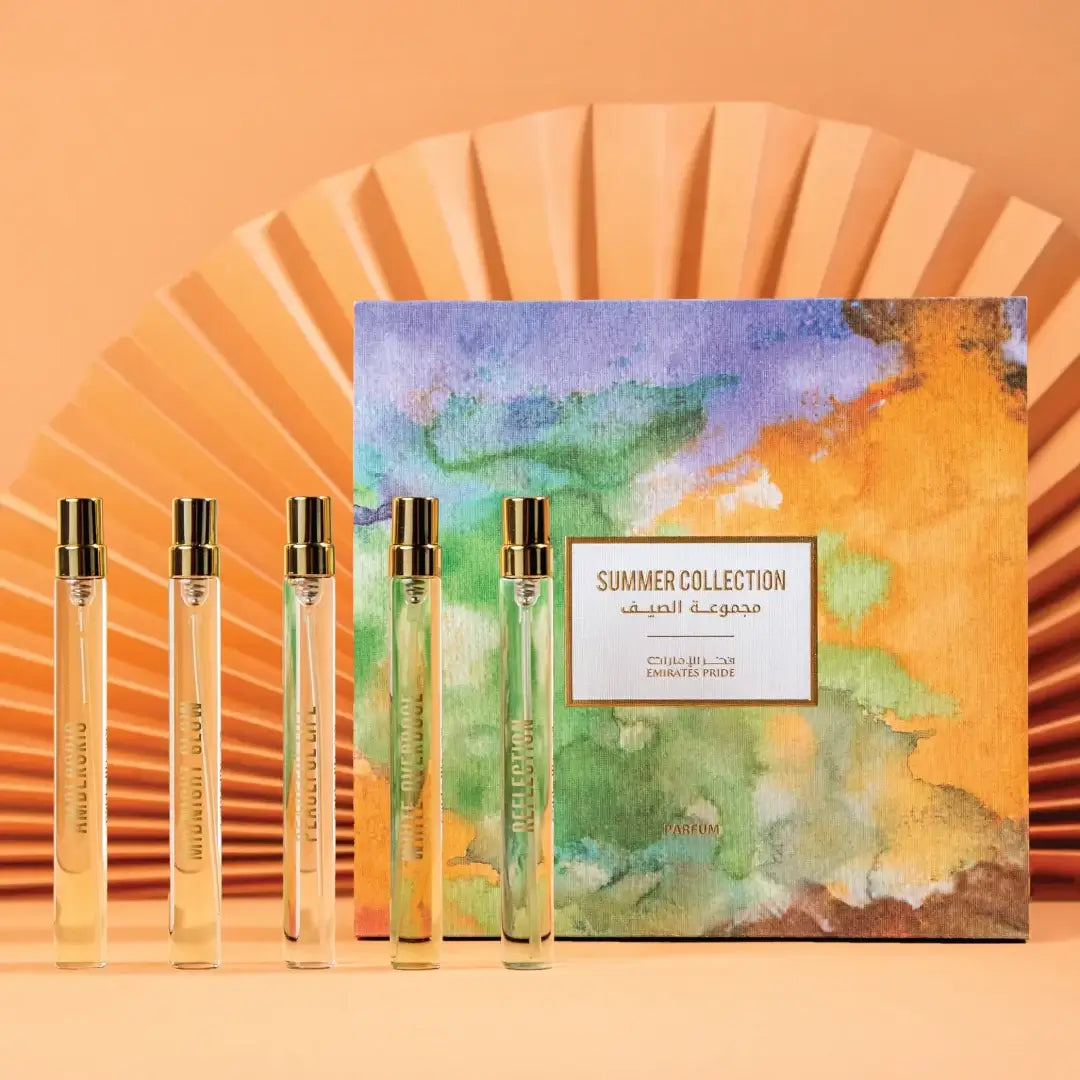 'Summer Collection by Emirates Pride' on an orange background