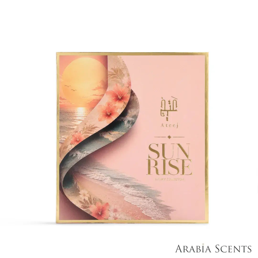 'Sunrise' set packaging on a white background with 'Ateej' branding featured by 'Arabiascents'