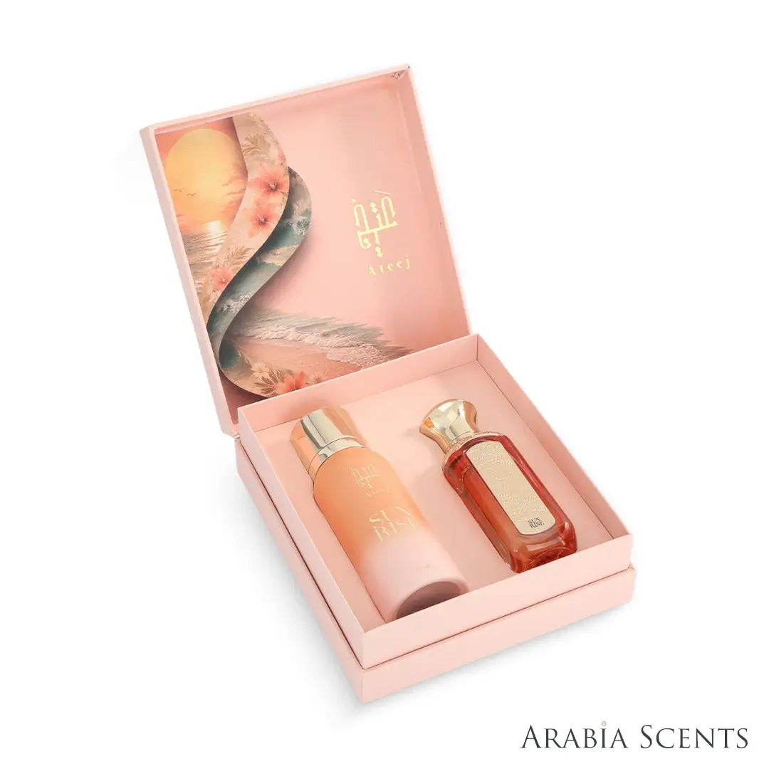 'Sunrise' set perfume, all over spray bottles & packaging on a white background with 'Ateej' branding featured by 'Arabiascents'