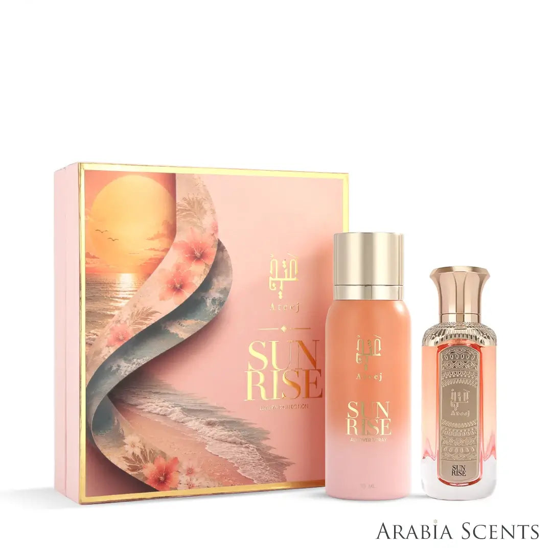 'Sunrise' set perfume, all over spray bottles & packaging on a white background with 'Ateej' branding featured by 'Arabiascents'