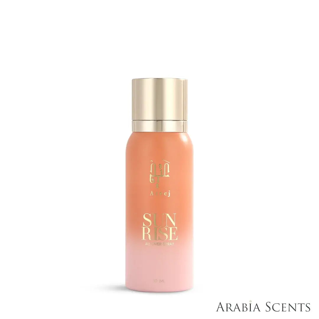 'Sunrise' all over spray bottle on a white background with 'Ateej' branding featured by 'Arabiascents'