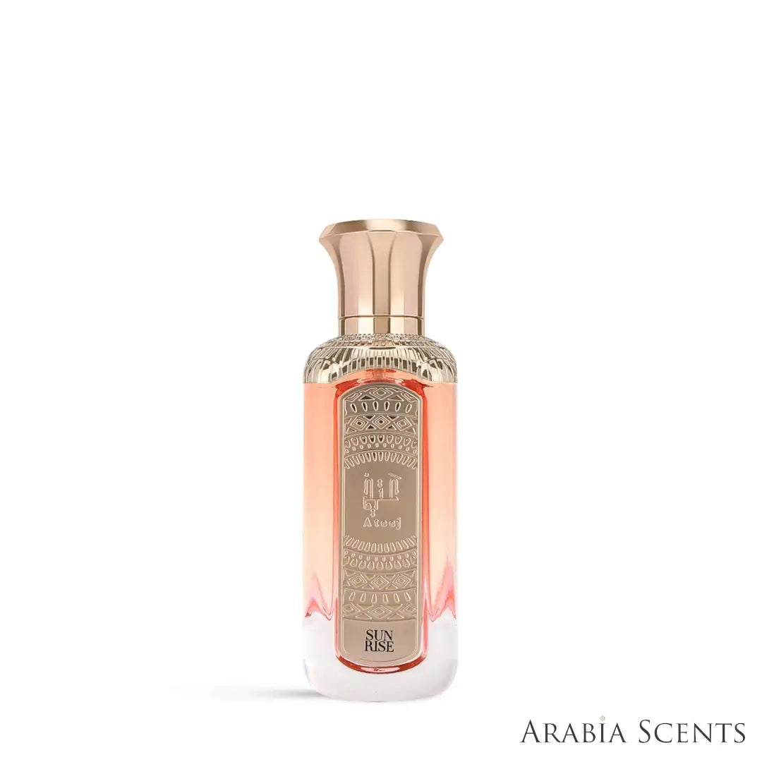 'Sunrise' perfume bottle on a white background with 'Ateej' branding featured by 'Arabiascents'