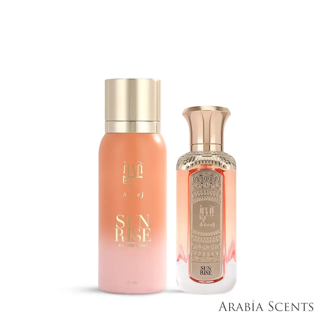 'Sunrise' set perfume & all over spray bottles on a white background with 'Ateej' branding featured by 'Arabiascents'