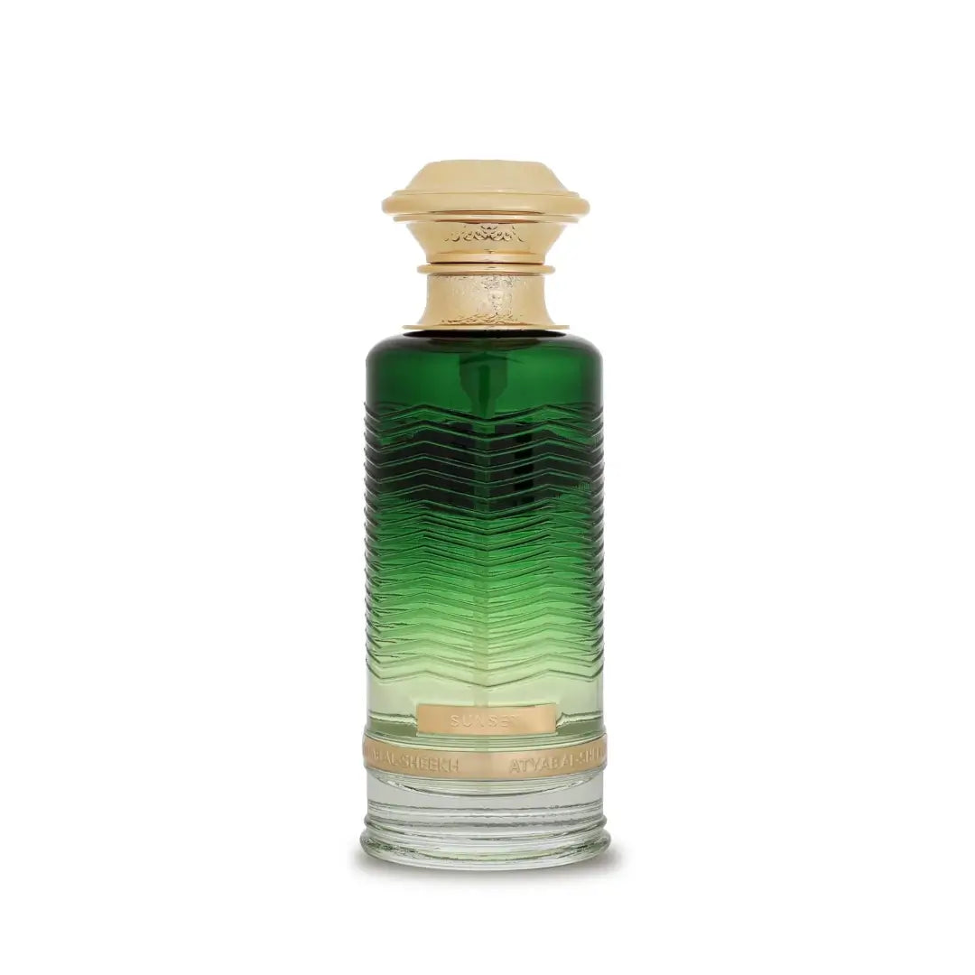 'Sunset' perfume bottle on a white background with 'Atyab Al Sheekh' branding