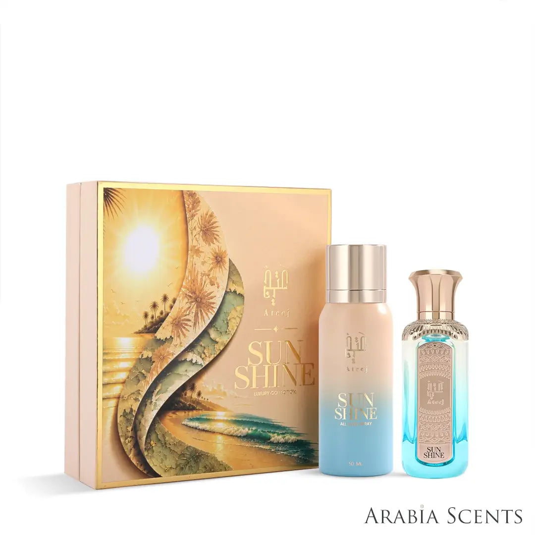 'Sunshine' set perfume, all over spray bottles & packaging on a white background with 'Ateej' branding featured by 'Arabiascents'