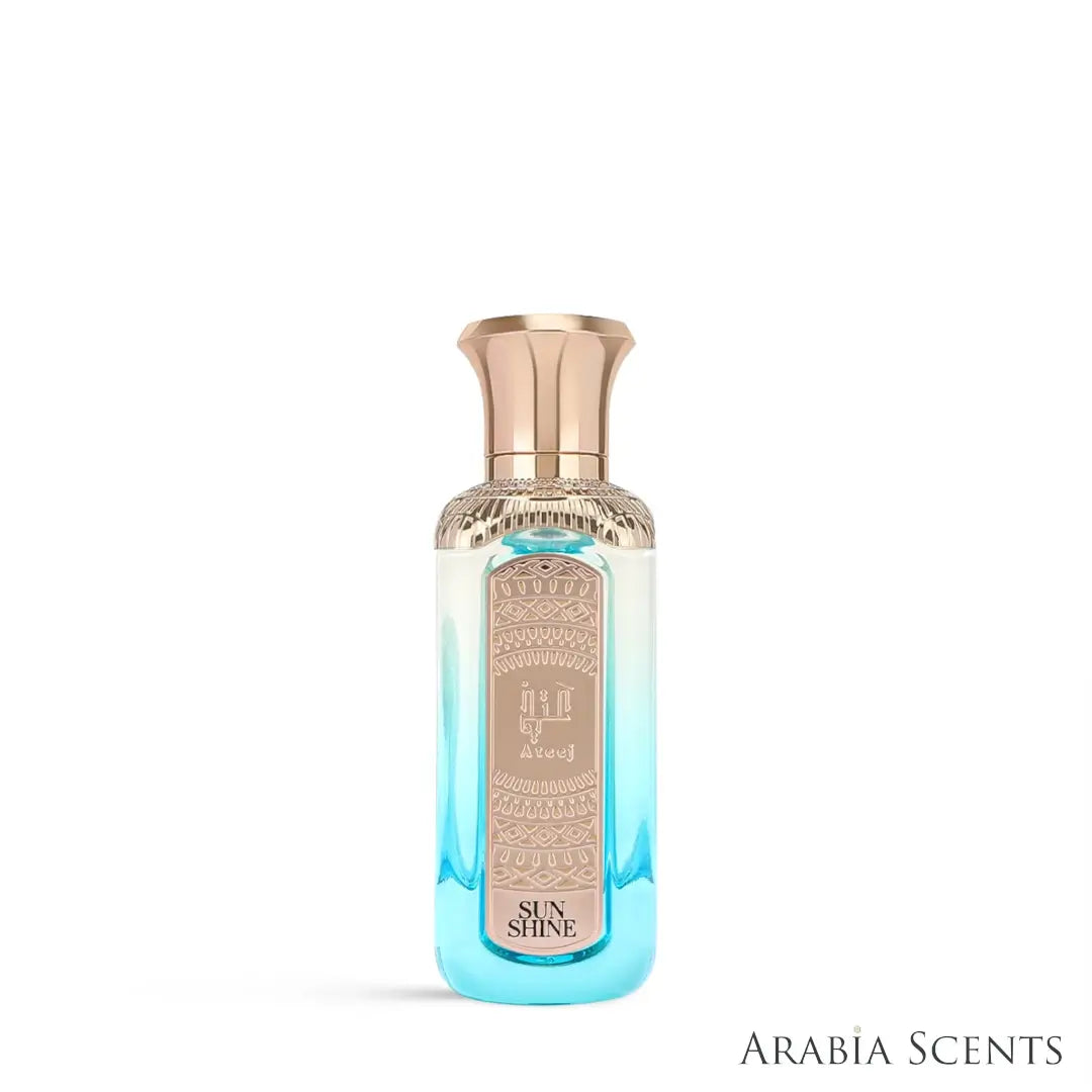 'Sunshine' perfume bottle on a white background with 'Ateej' branding featured by 'Arabiascents'