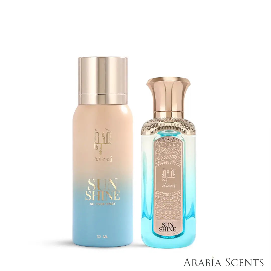 'Sunshine' set perfume & all over spray bottles on a white background with 'Ateej' branding featured by 'Arabiascents'