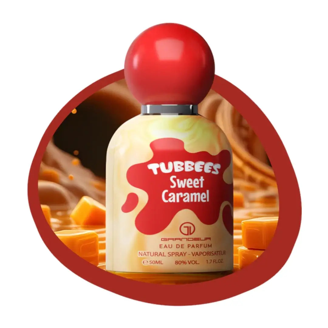 'Sweet Caramel' perfume bottle with 'Tubbees' branding in a white background