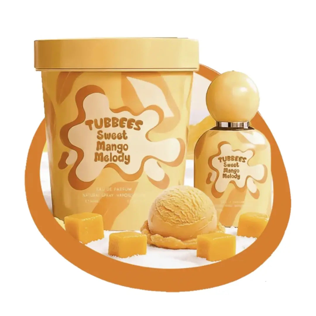'Sweet Mango Melody' perfume bottle with packaging in a white background with 'Tubbees' branding