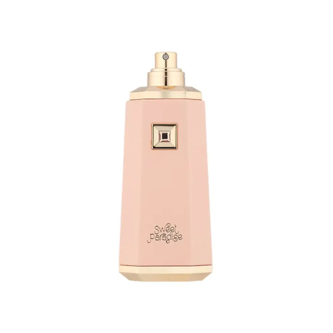 Sweet Paradise by French Avenue Pink perfume bottle with gold cap on a white background