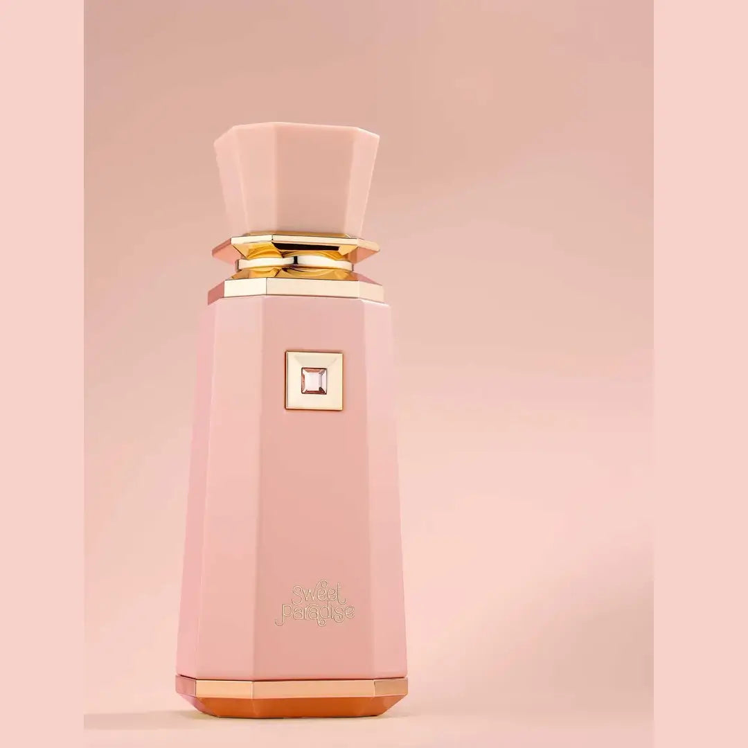 Sweet Paradise by French Avenue Pink perfume bottle with gold accents on a matching pink background