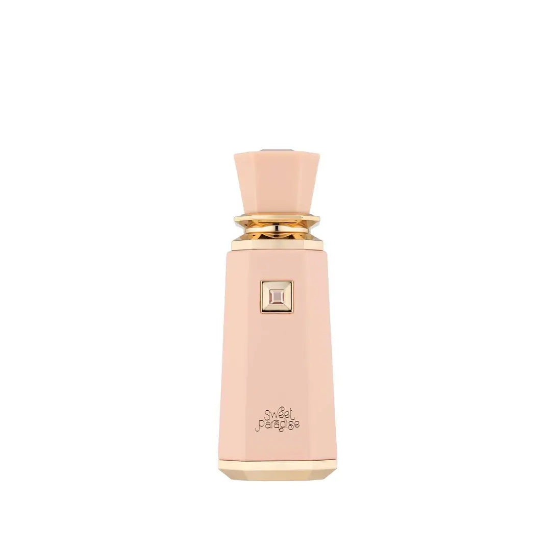 Sweet Paradise by French Avenue Pink perfume bottle with gold cap on a white background