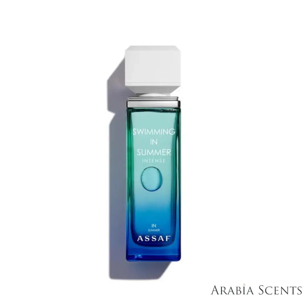 'Swimming In Summer' Intense perfume bottle on a white background with 'Assaf' branding featured by 'Arabiascents'