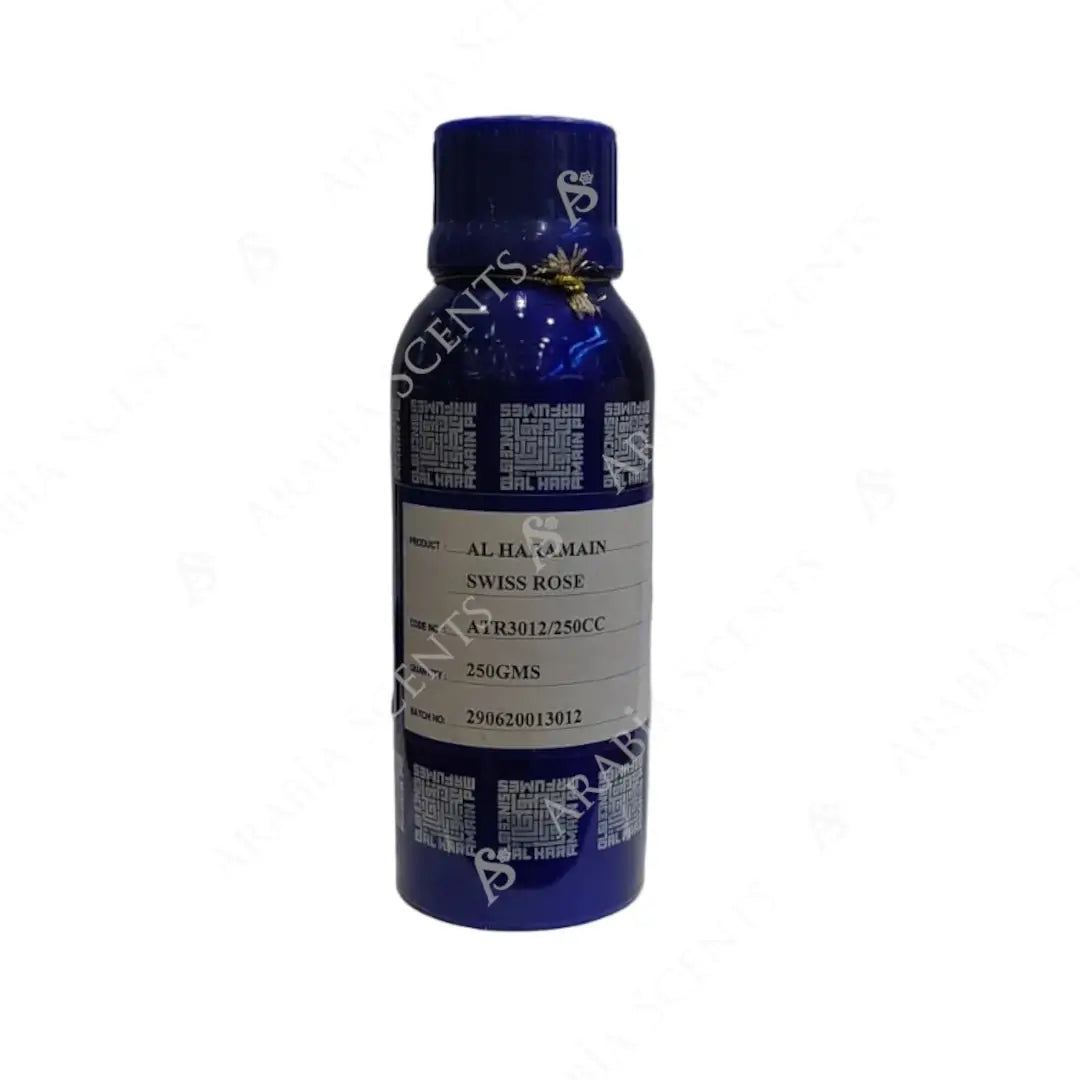 'Swiss Rose' attar oil with 'Al Haramain' branding on a white background
