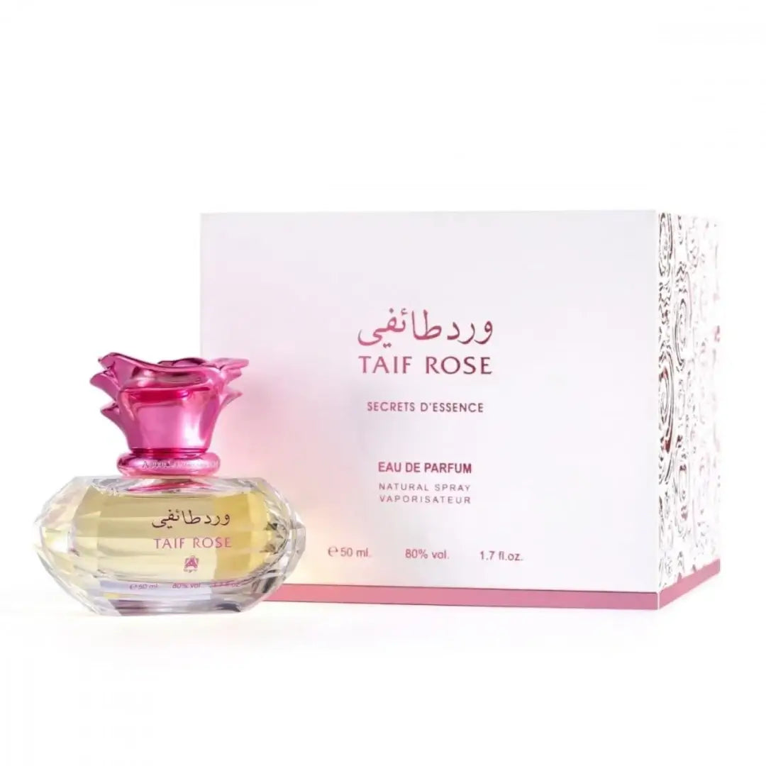 'Taif Rose' perfume bottle & packaging in a white background with 'ASQ' branding
