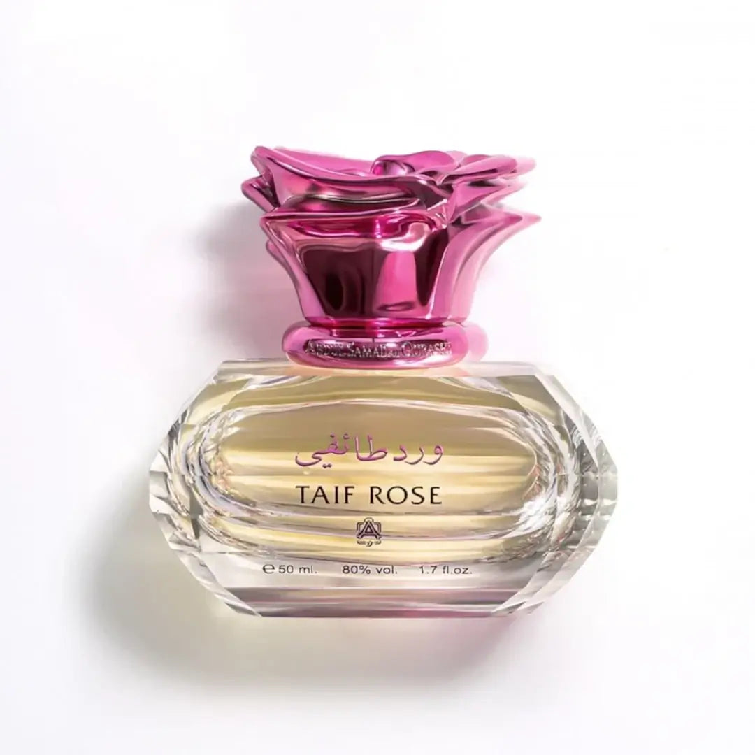 'Taif Rose' perfume bottle in a white background with 'ASQ' branding