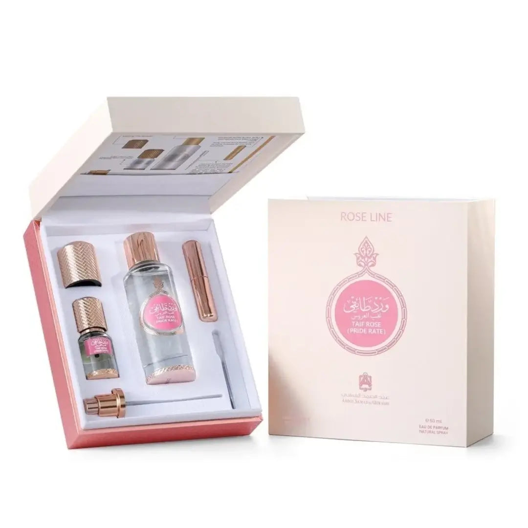 'Taif Rose Pride Rate' perfume bottle & oil in a white background with 'ASQ' branding