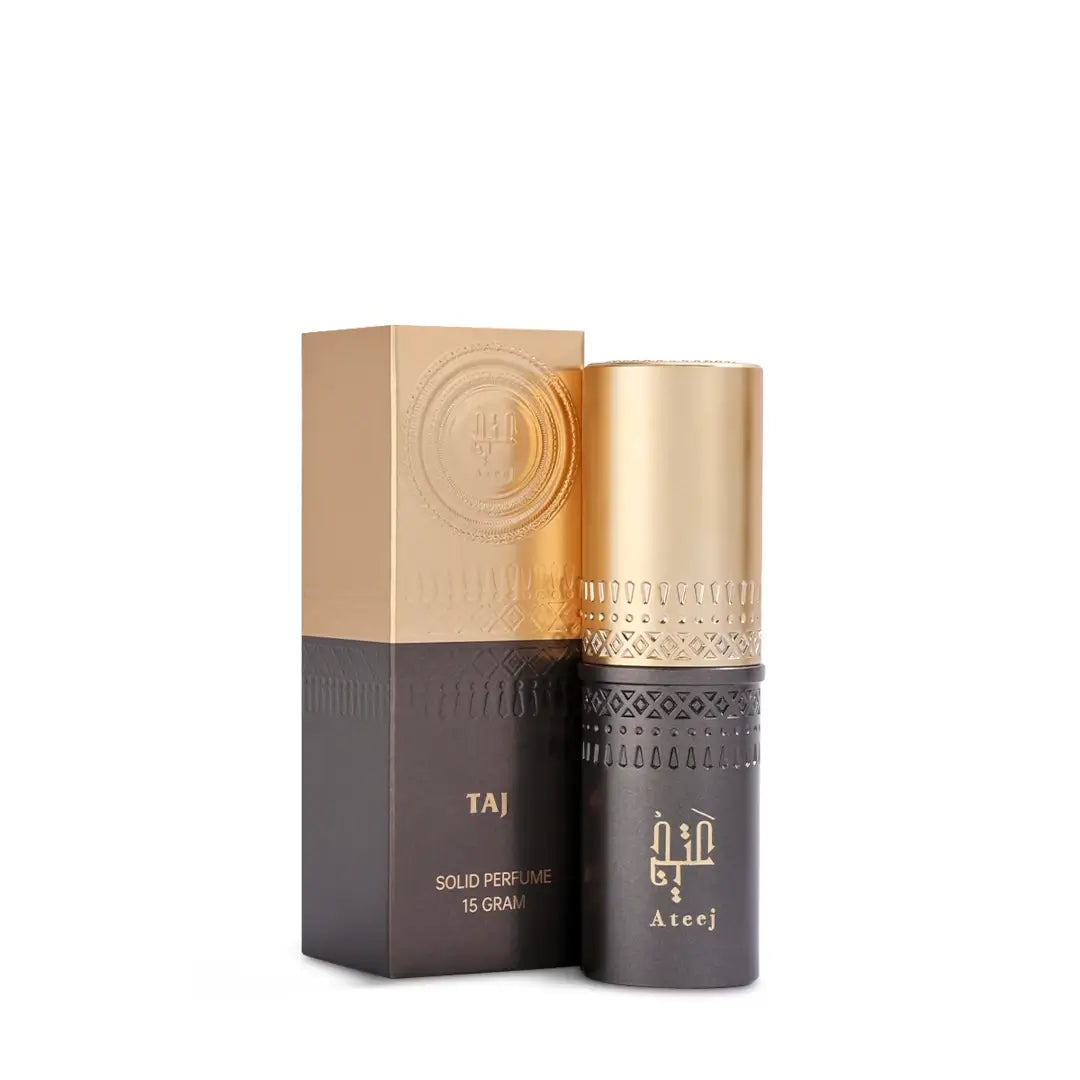 'Taj' solid perfume & packaging in a white background with 'Ateej' branding
