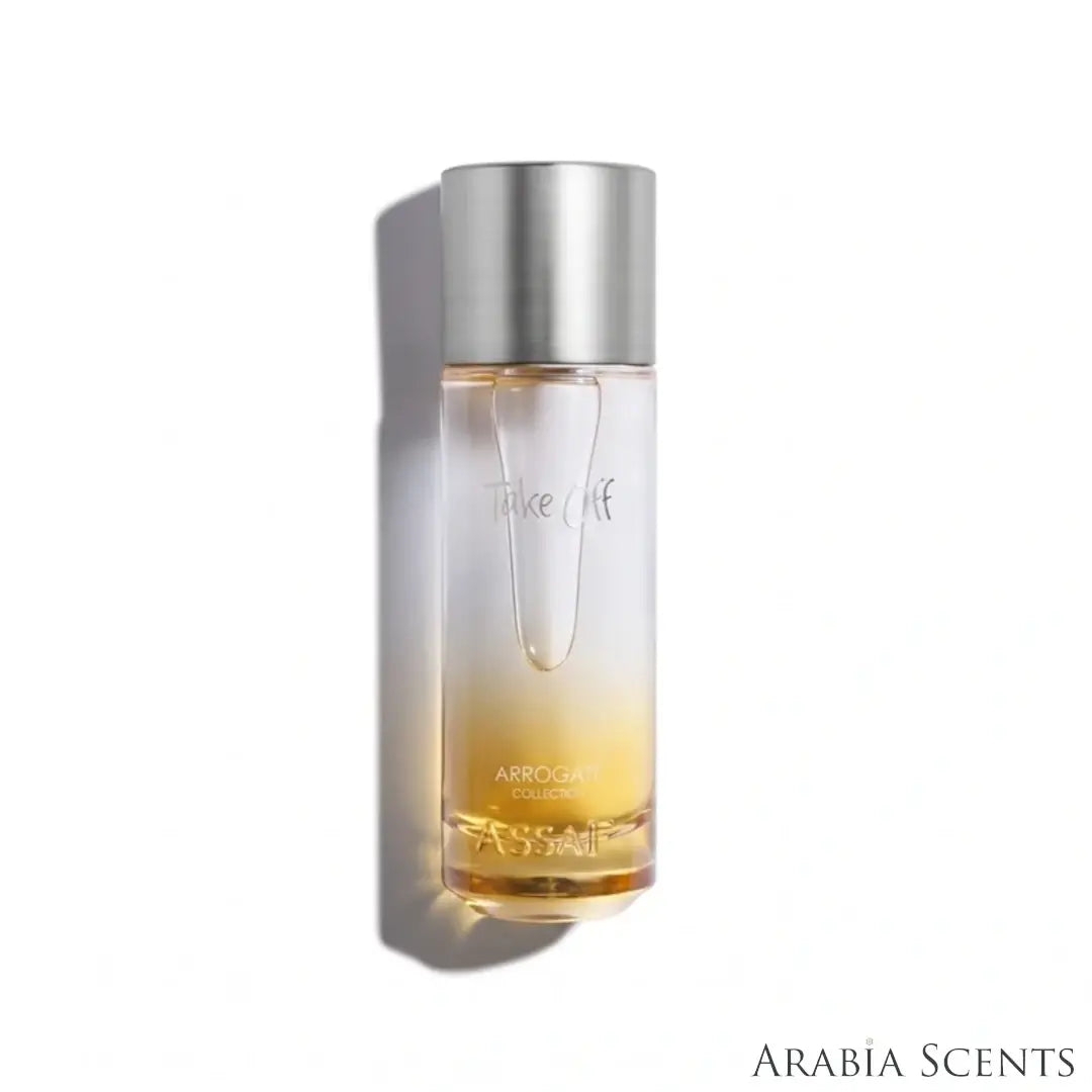 'Take Off' perfume bottle on a white background with 'Assaf' branding featured by 'Arabiascents'