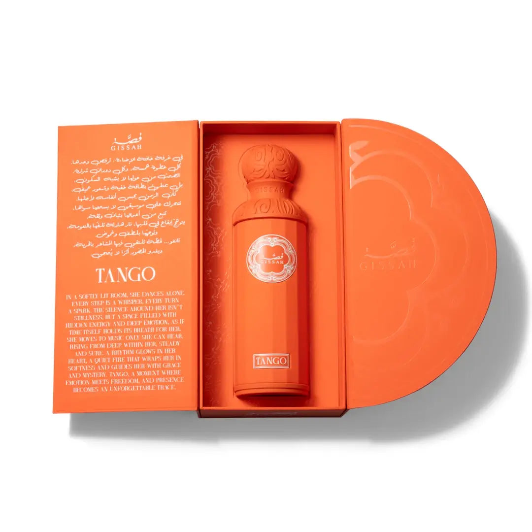 Orange bottle with packaging labeled 'Tango' on a white background by Gissah Perfumes