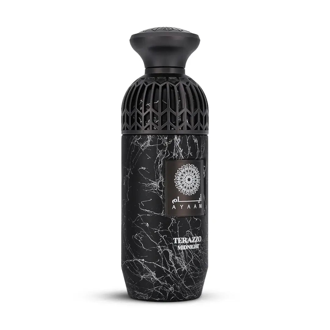 'Terrazo Midnight' decorative perfume bottle with intricate design on a white background with 'Ayaam' branding