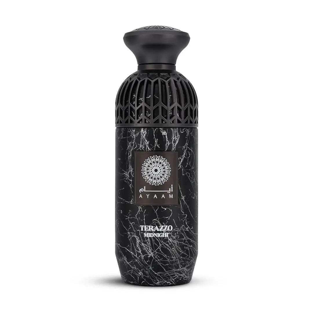 'Terrazo Midnight' decorative perfume bottle with intricate design on a white background with 'Ayaam' branding