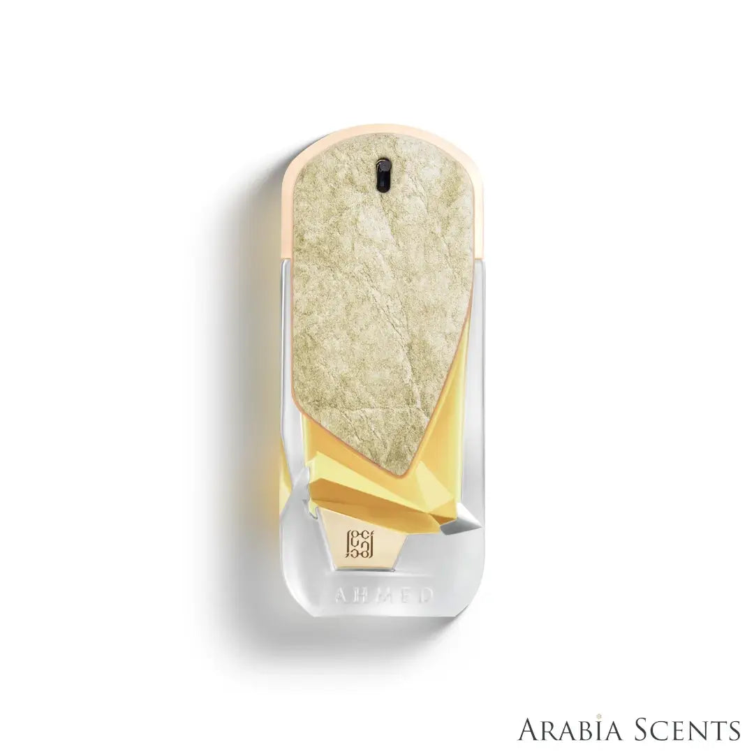 'The Alchemy Lab 2025' perfume bottle on a white background with 'Ahmed Al Maghribi' branding featured by 'Arabiascents'