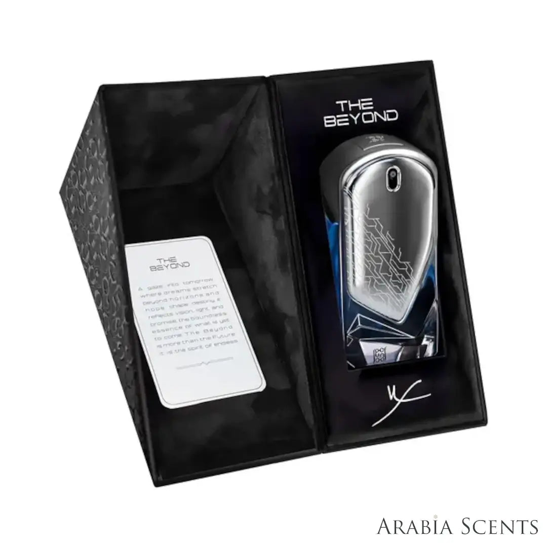 'The Beyond 2050' perfume bottle & packaging on a white background with 'Ahmed Al Maghribi' branding featured by 'Arabiascents'
