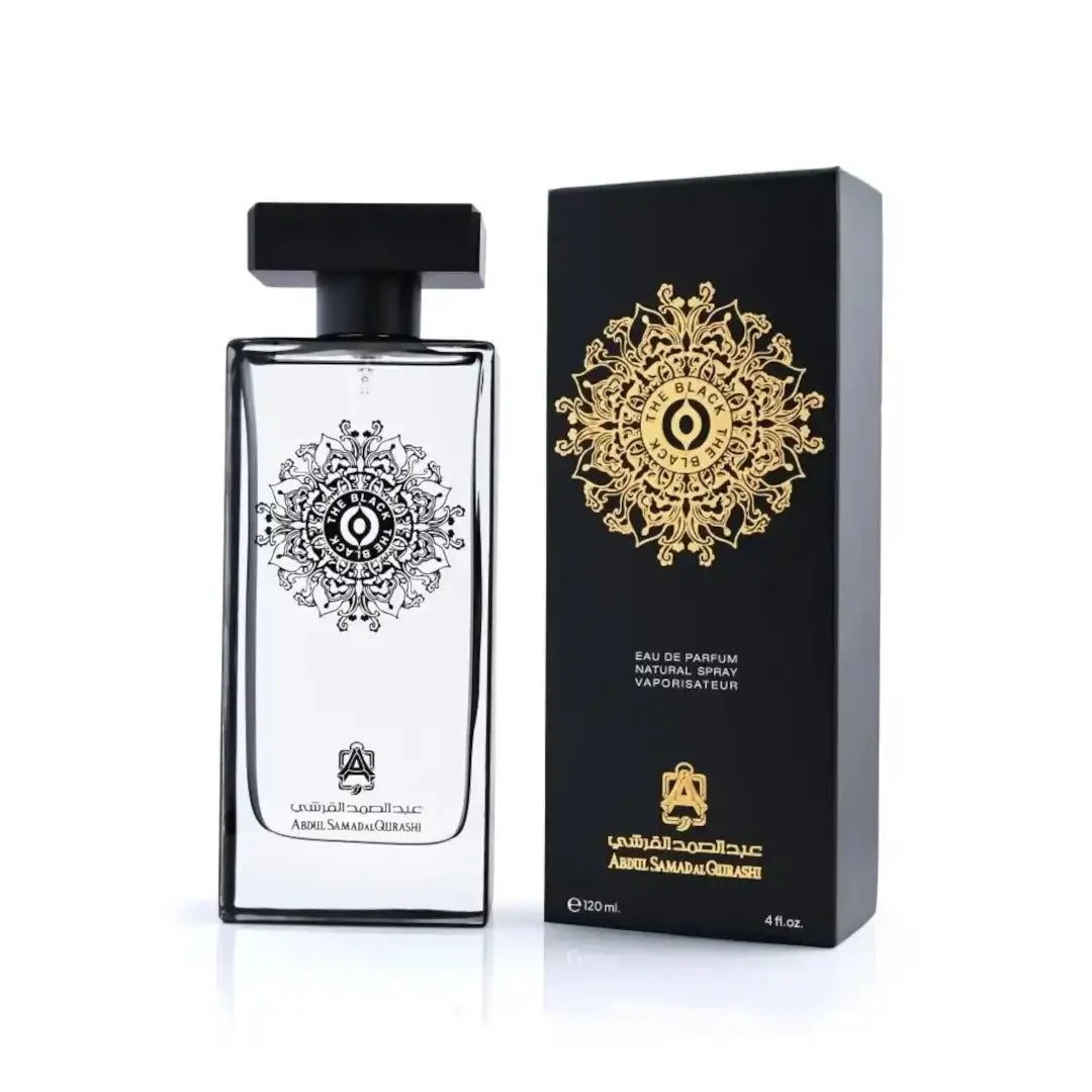'The Black Perfume' perfume bottle & packaging in a white background with 'ASQ' branding