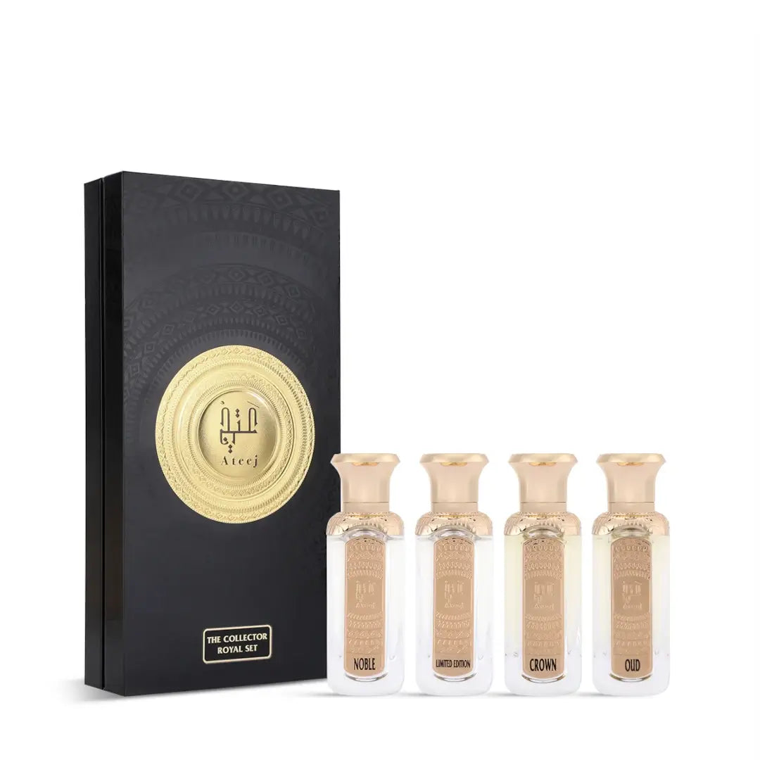 'The Collector Royal Set' of four perfume bottles with a black and gold packaging box on a white background branded Ateej