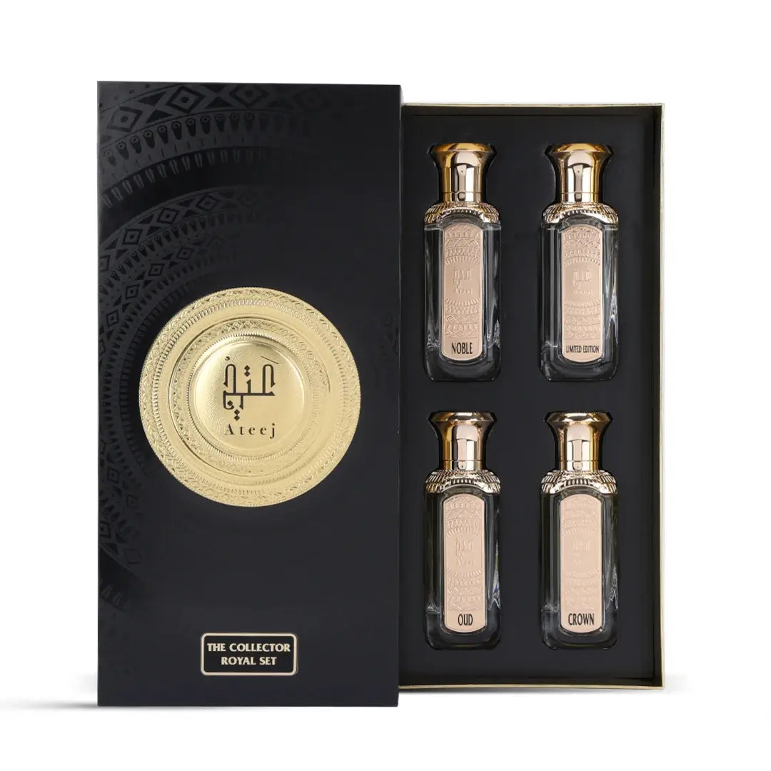 'The Collector Royal Set' Four perfume bottles with gold caps and labels on a white background by Ateej