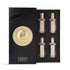 'The Collector Royal Set' Four perfume bottles with gold caps and labels on a white background by Ateej