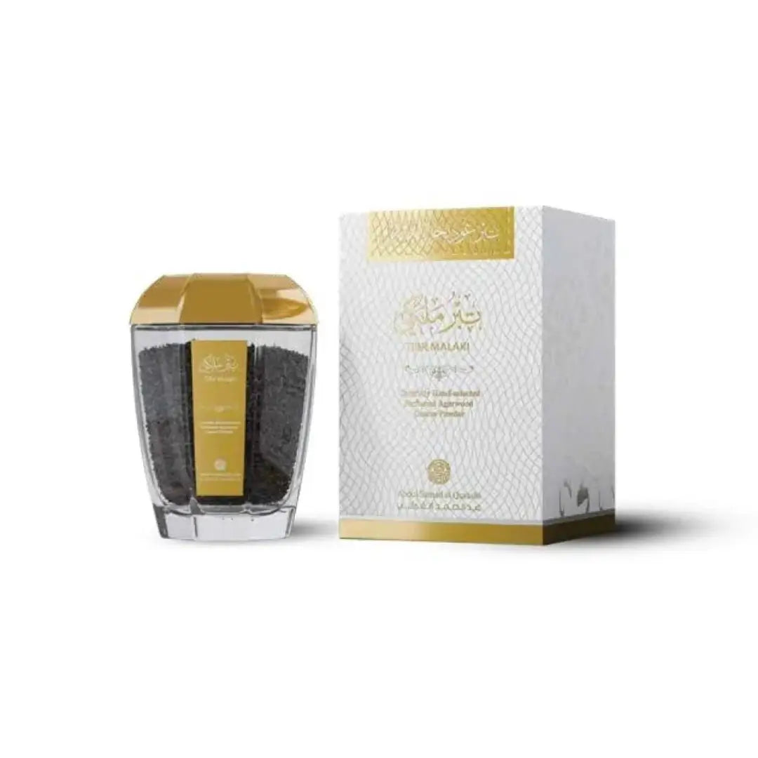 'Tibr Malaki' scented incense & packaging in a white background with 'ASQ' branding