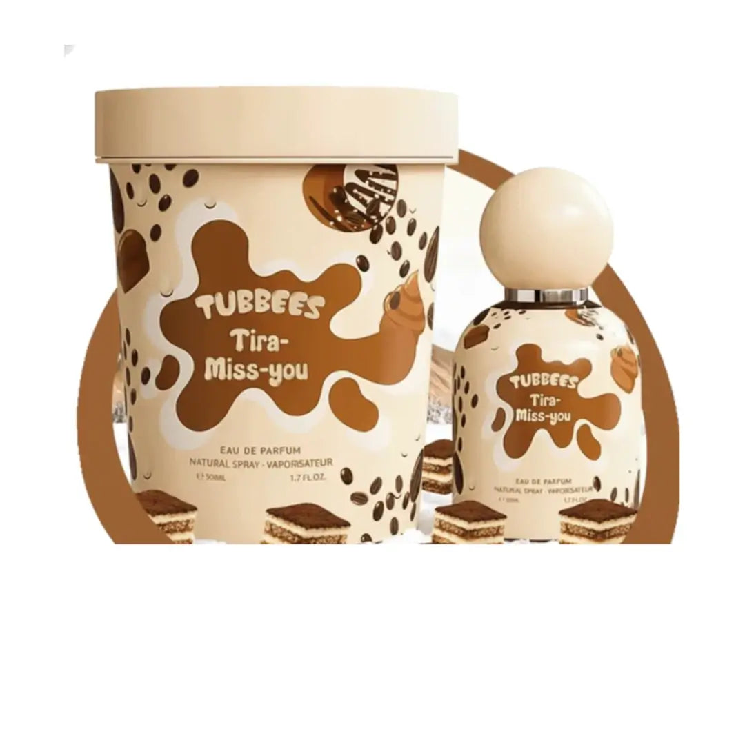 'Tira-Miss-you' perfume with packaging on a white background with 'Tubbees' branding
