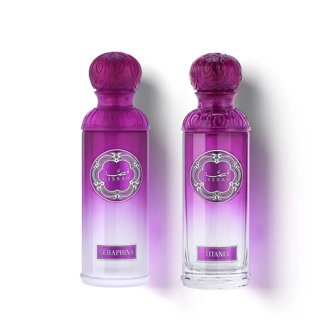 'Titan Set For Her' perfume bottles in a decorative box on a white background with 'Gissah' branding